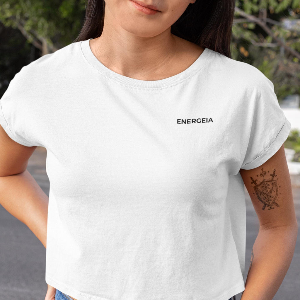 Women’s White Cropped Gym Tee | Black Logo | Seamless Yoga Workout Top