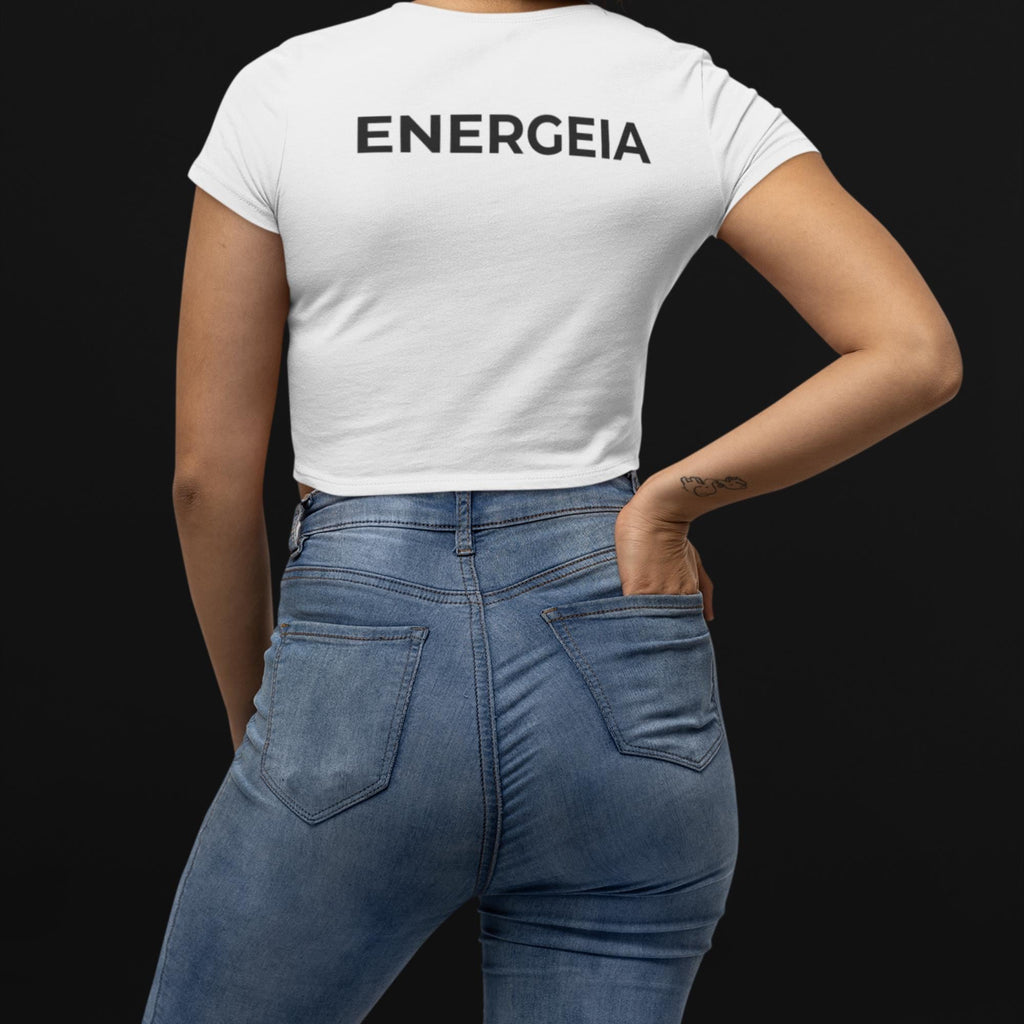 Womens White Cropped Gym Tee | Black Logo | Seamless Yoga Workout Top