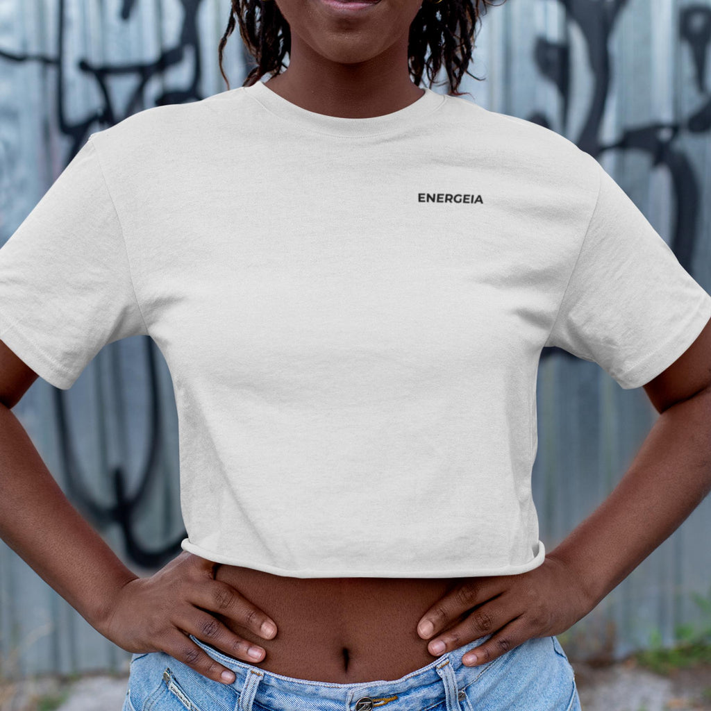 Womens White Cropped Gym Tee | Black Logo | Seamless Yoga Workout Top