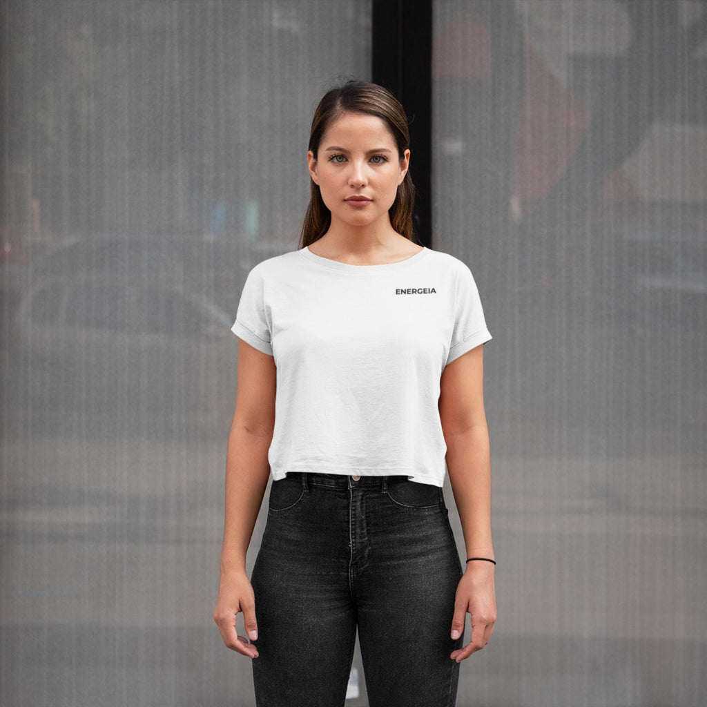 Womens White Cropped Gym Tee | Black Logo | Seamless Yoga Workout Top