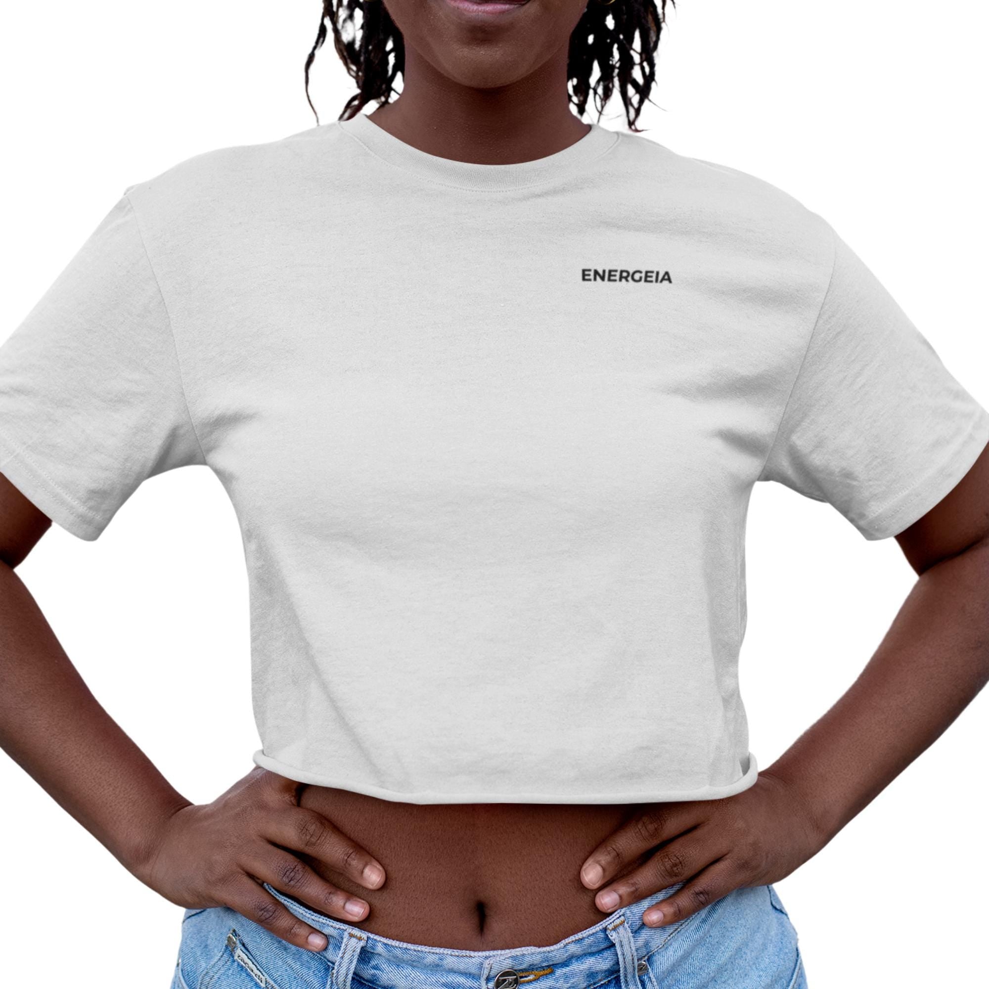 Women’s White Cropped Gym Tee | Black Logo | Seamless Yoga Workout Top